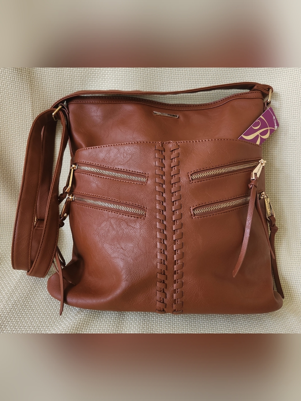 NWT Lrg Rampage Cognac Crossbody 14x14 Y2K Boho Multi Zip Whipstitch Snap Pocket